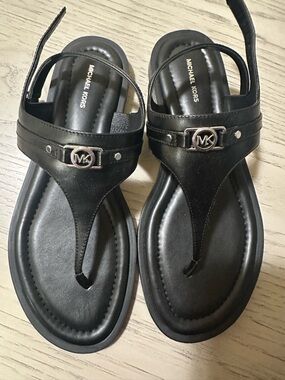Michael Kors Black Leather Thong Sandals with Silver MK Accent